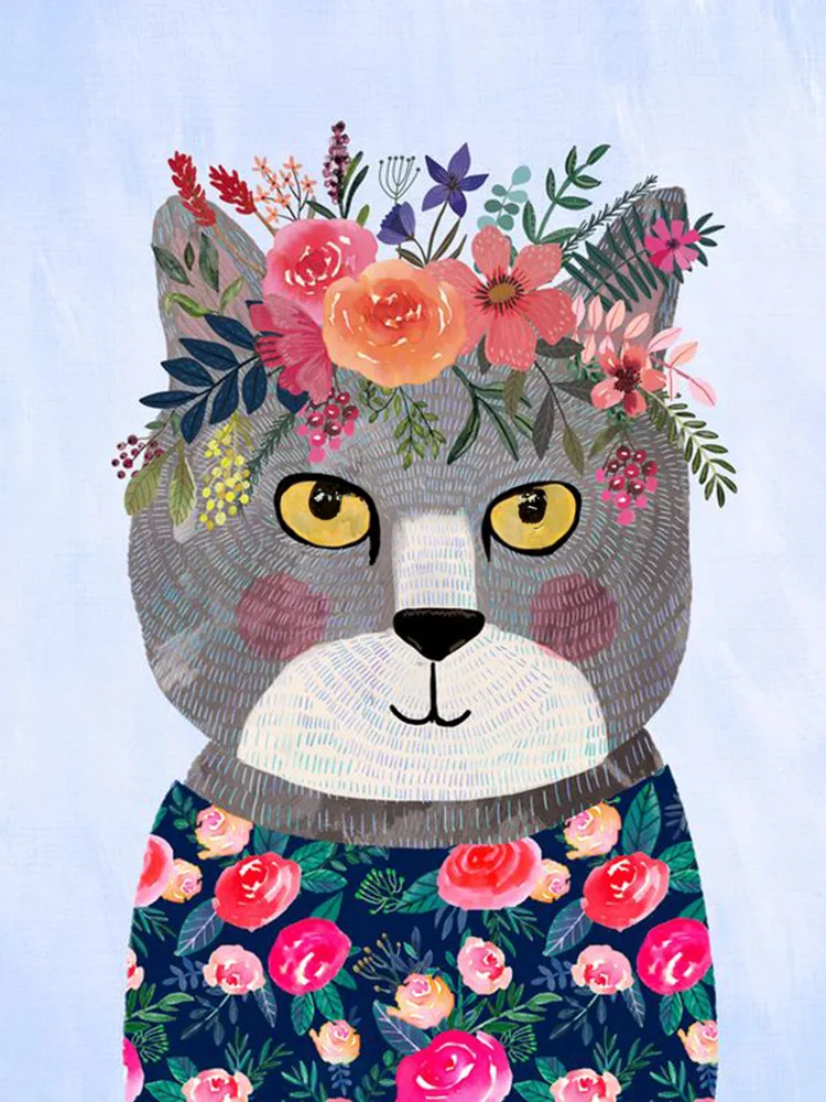 Broderie Diamant - Animaux en Fleurs  Chat 1