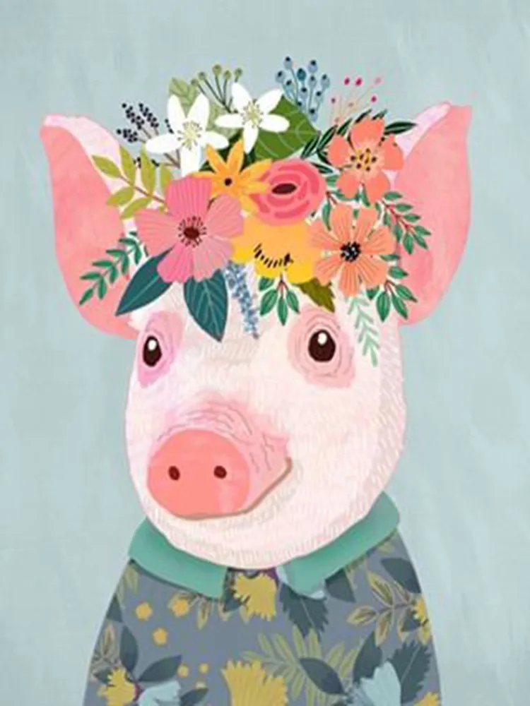 Broderie Diamant - Animaux en Fleurs  Cochon