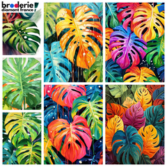 Broderie Diamant - Grandes Feuilles Tropicales Colorées